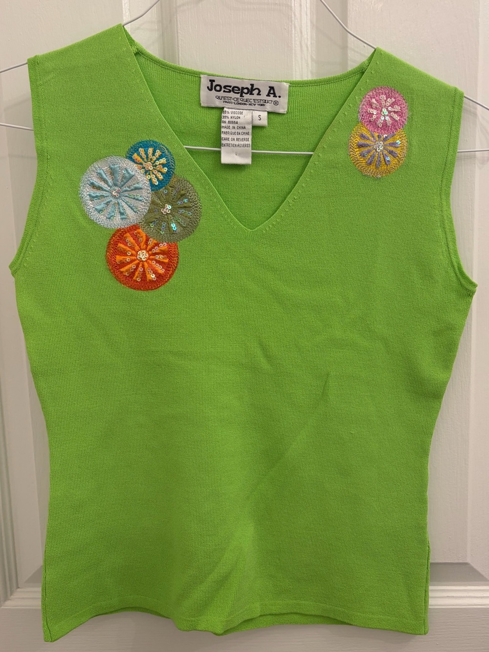 Joseph A. Lime Green V-Neck Tank with Colorful Embroidered Medallions